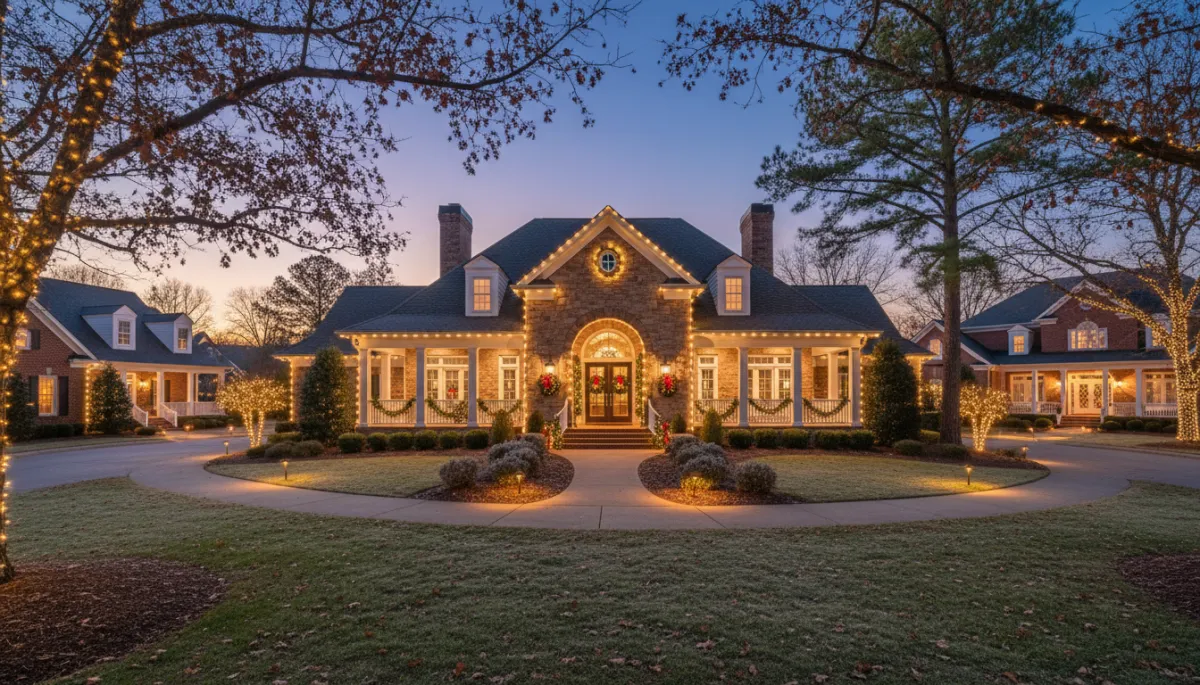 A photorealistic, full-width image of an elegant Georgia residential community entrance with a beautifully decorated clubhouse, nearby homes, trees, rooflines, and welcoming walkways illuminated with professionally installed warm-white Christmas lights. The scene should represent homeowners, HOAs, churches, and residential communities, using realistic Georgia winter conditions with no snow. No text, logos, watermarks, collage, split screen, or visible wires. Alt text: 'Professional residential and HOA Christmas lighting near Athens, Georgia.' A photorealistic, full-width image of an elegant Georgia residential community entrance with a beautifully decorated clubhouse, nearby homes, trees, rooflines, and welcoming walkways illuminated with professionally installed warm-white Christmas lights. The scene should represent homeowners, HOAs, churches, and residential communities, using realistic Georgia winter conditions with no snow. No text, logos, watermarks, collage, split screen, or visible wires. Alt text: 'Professional residential and HOA Christmas lighting near Athens, Georgia.'