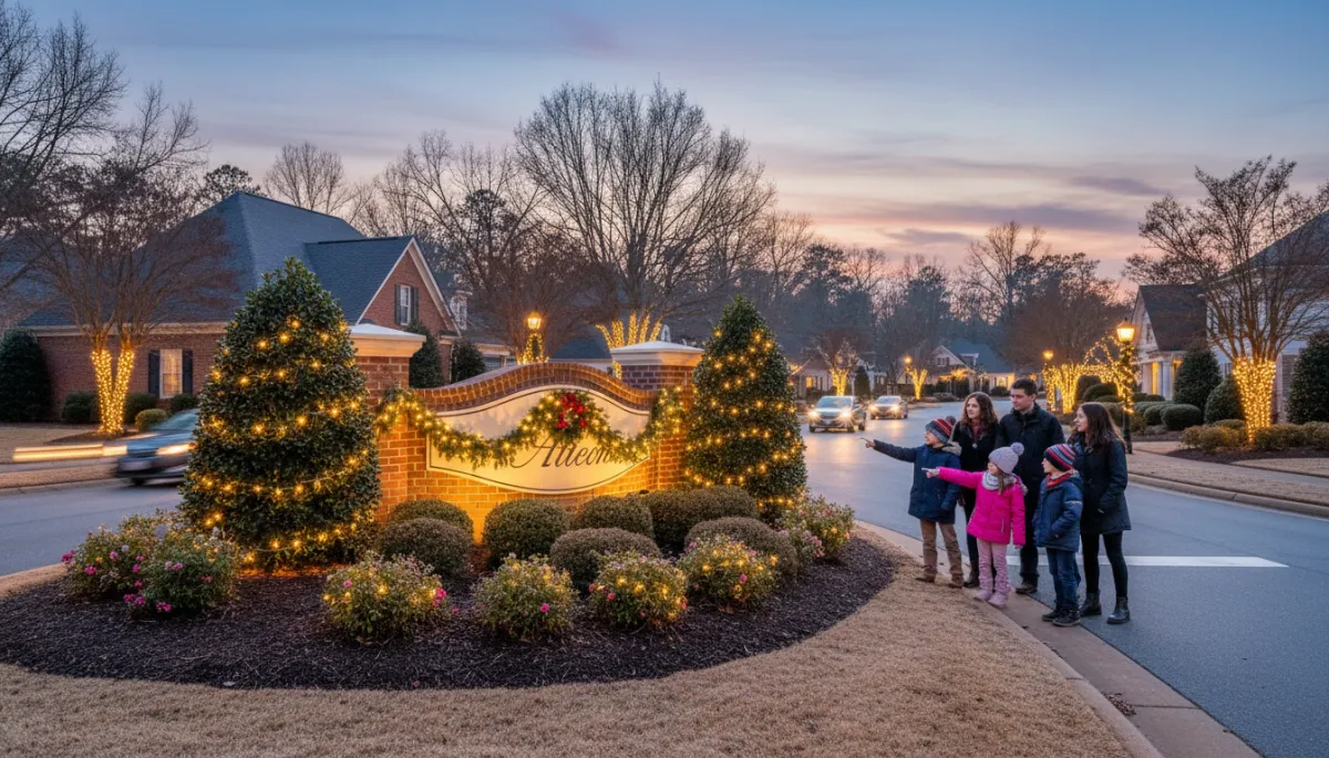 Families enjoying a professionally lit residential community entrance with holiday lighting