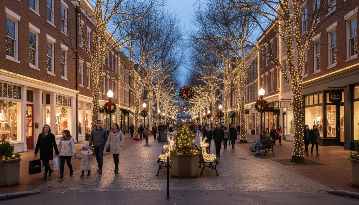 Commercial streetscape in Athens with professionally lit storefronts and community spaces