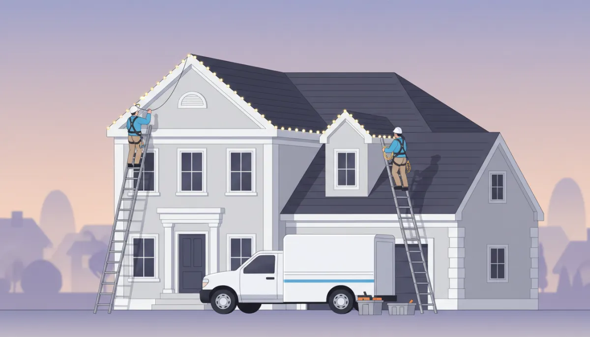 Professional Christmas-light installers safely attaching LED lights along a roofline in Athens, Georgia