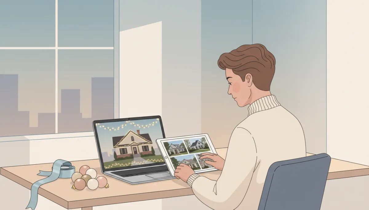 Designer in Athens creating a digital Christmas-light mockup on a laptop using property photos
