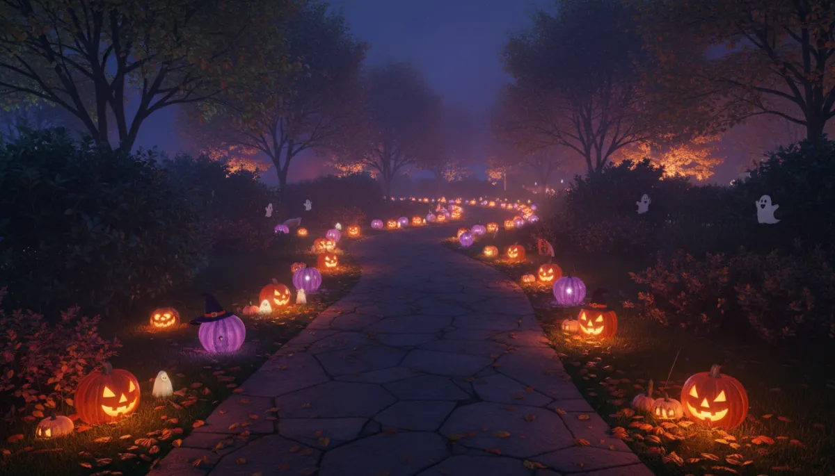 Halloween pathway and landscaping lights in orange, amber, and purple. Halloween pathway and landscaping lights in orange, amber, and purple.