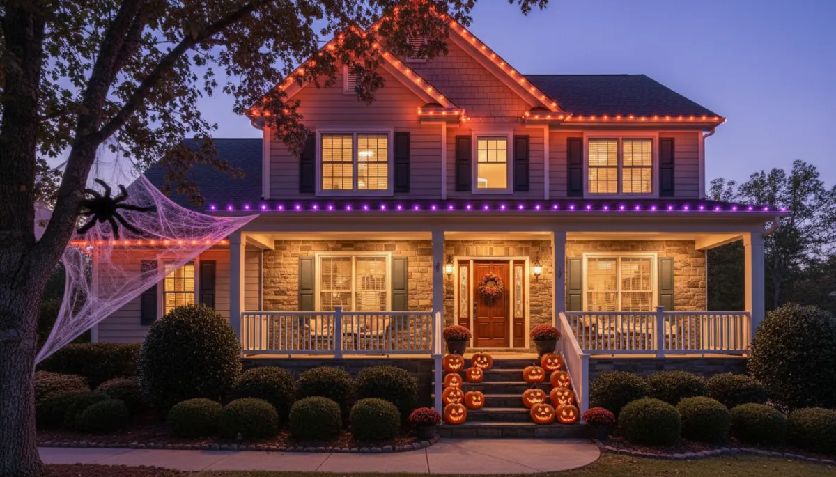Professional orange and purple Halloween roofline lighting on a Georgia home. Professional orange and purple Halloween roofline lighting on a Georgia home.