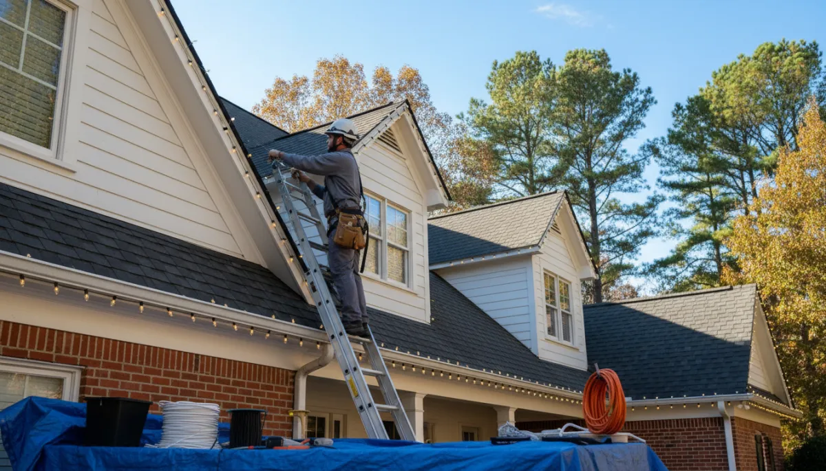 Professional installer placing Christmas lights along a Georgia home’s roofline. Professional installer placing Christmas lights along a Georgia home’s roofline.