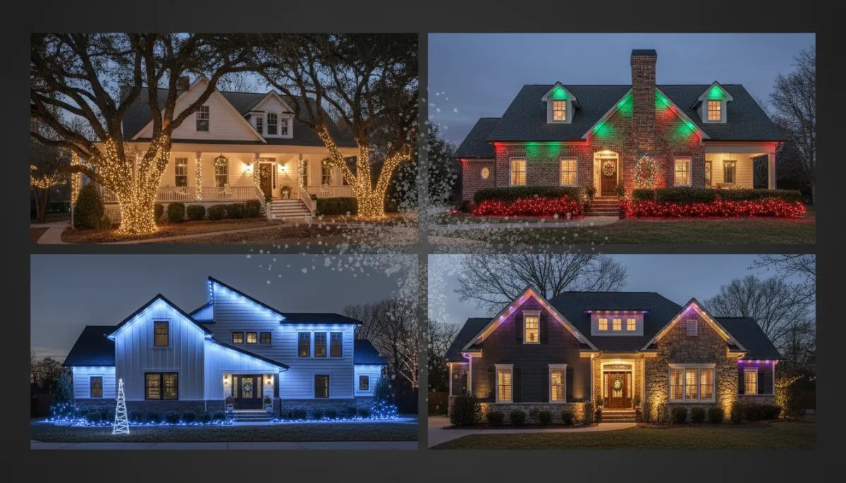 Christmas-light color combinations matched to different home exterior colors. Christmas-light color combinations matched to different home exterior colors.
