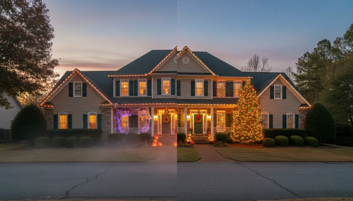 Home transitioning from Halloween lighting to a professional Christmas-light display. Home transitioning from Halloween lighting to a professional Christmas-light display.