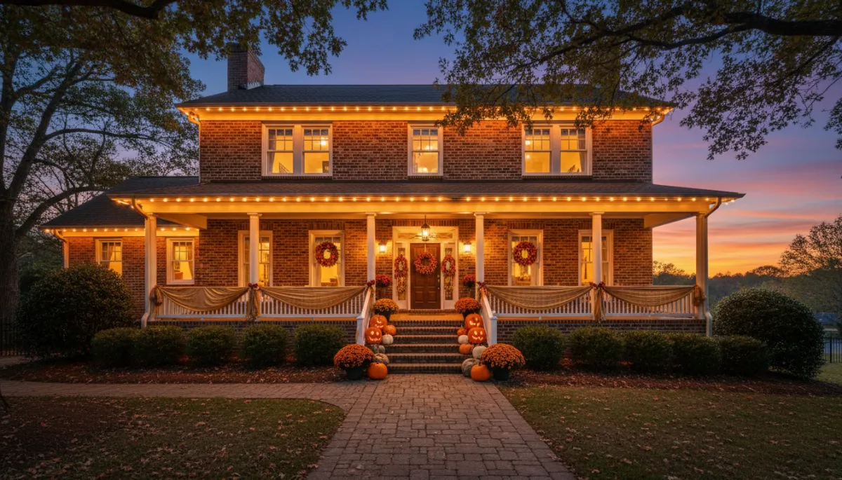 Elegant Halloween lighting display with amber lights and autumn decorations. Elegant Halloween lighting display with amber lights and autumn decorations.