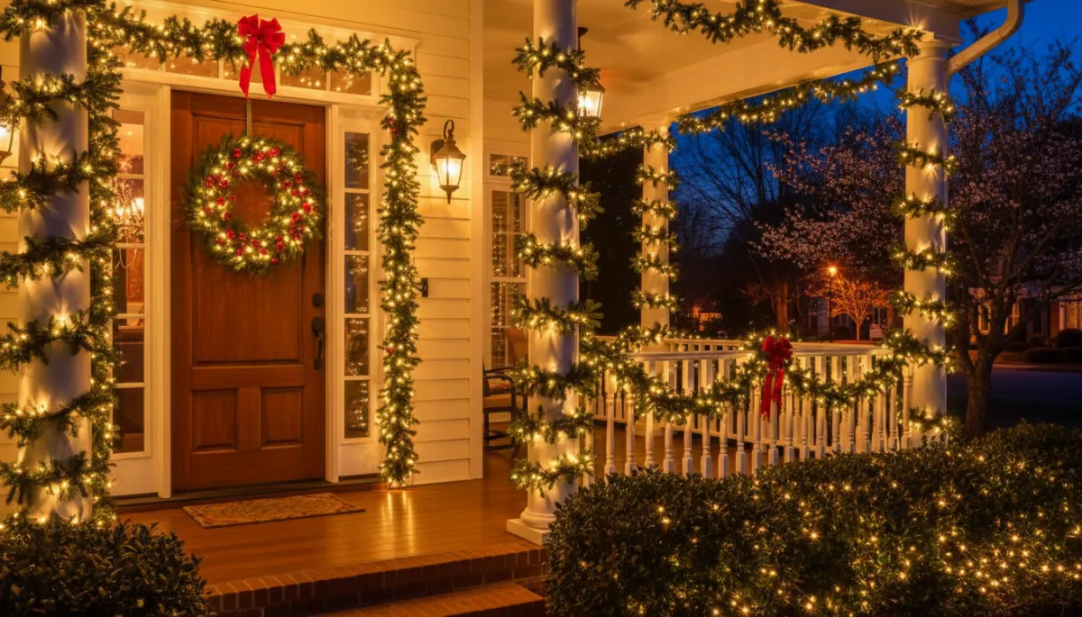 Professionally decorated Christmas entryway with coordinated holiday lights. Professionally decorated Christmas entryway with coordinated holiday lights.