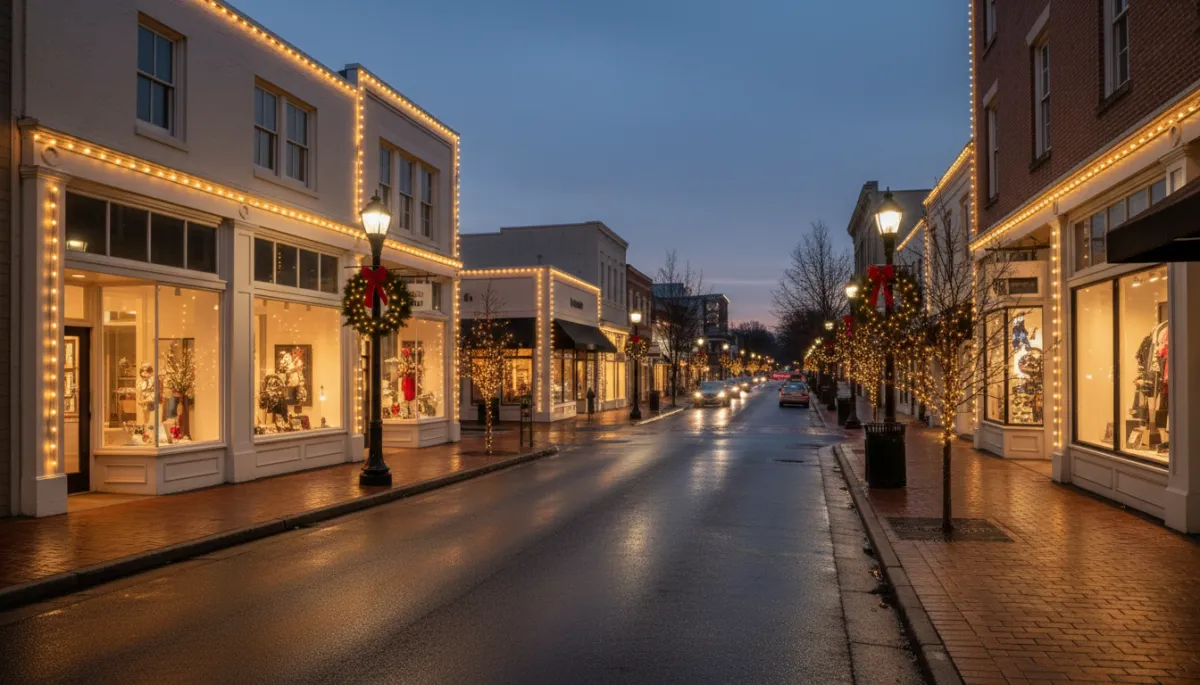 Athens GA storefronts outlined with warm white professional Christmas lights Athens GA storefronts outlined with warm white professional Christmas lights