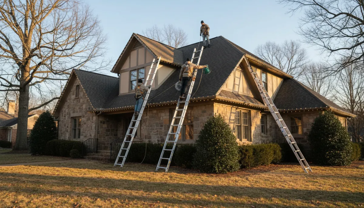 Professional crew installing residential Christmas lights on a home in Athens GA Professional crew installing residential Christmas lights on a home in Athens GA