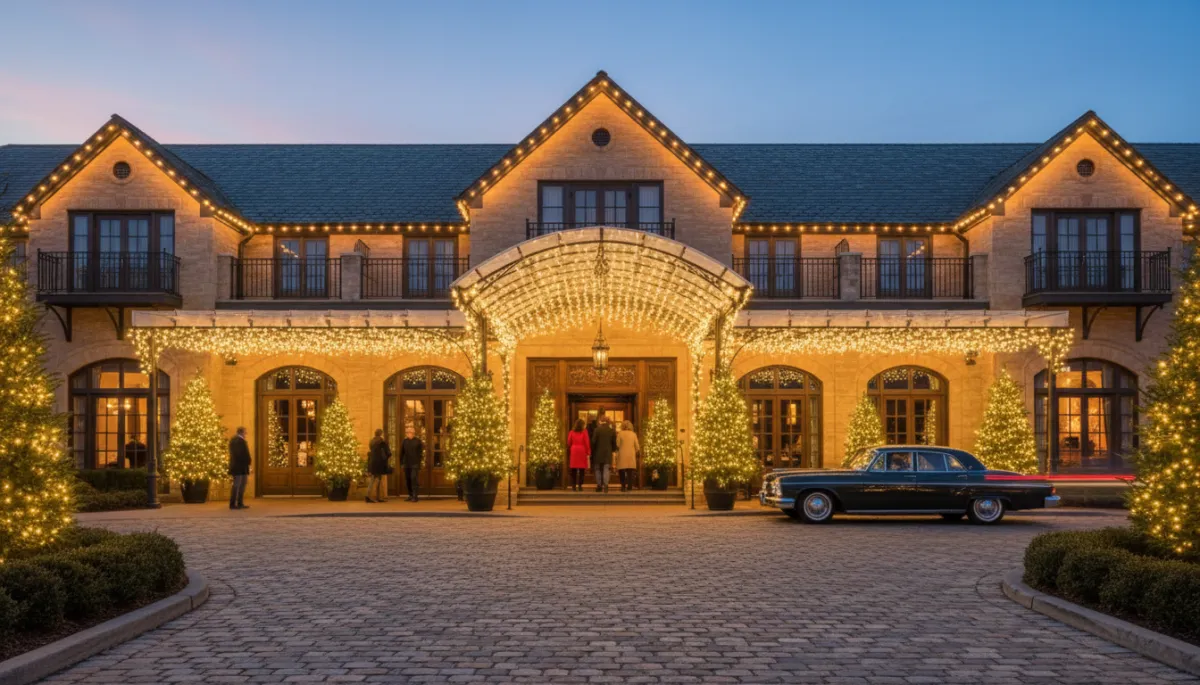 Boutique hotel in Athens GA with elegant commercial Christmas lighting at the entrance Boutique hotel in Athens GA with elegant commercial Christmas lighting at the entrance