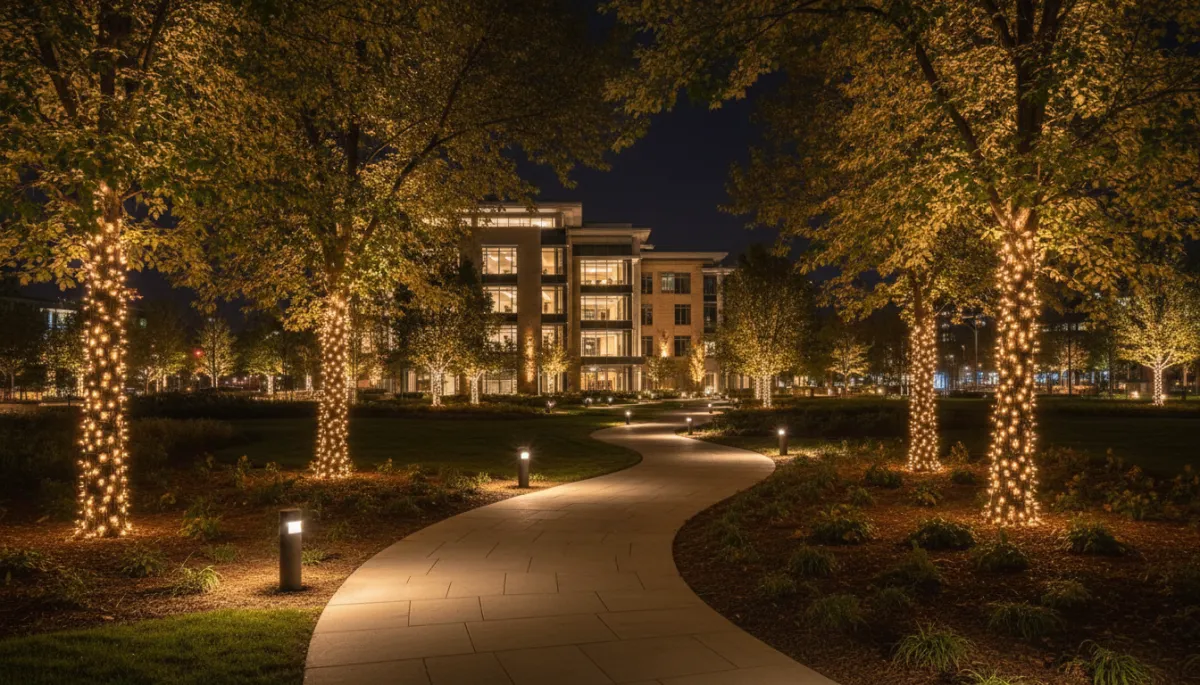 Landscape and walkway Christmas lighting with illuminated trees and paths