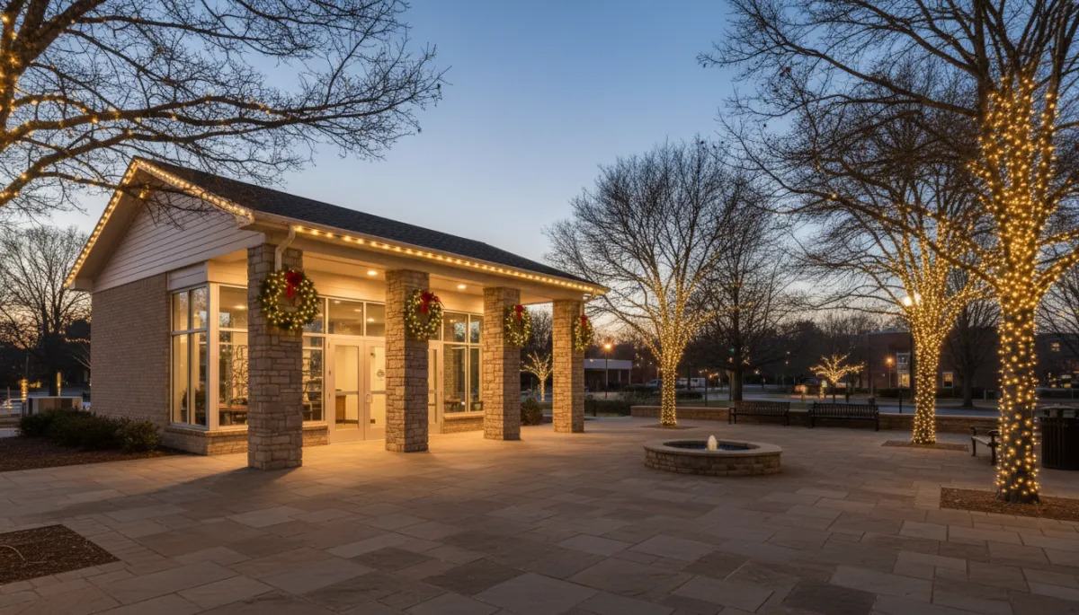 Commercial and community property decorated with professional Christmas lights in Athens