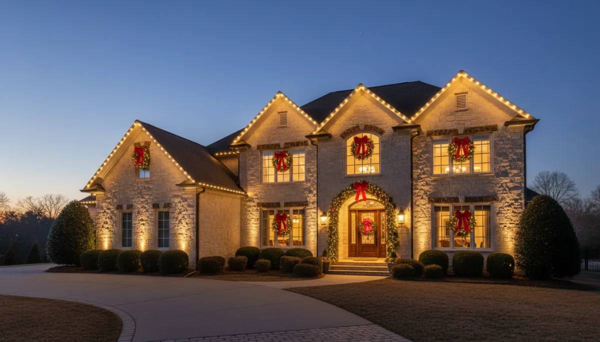 Premium residential Christmas-lighting display on an elegant Athens home