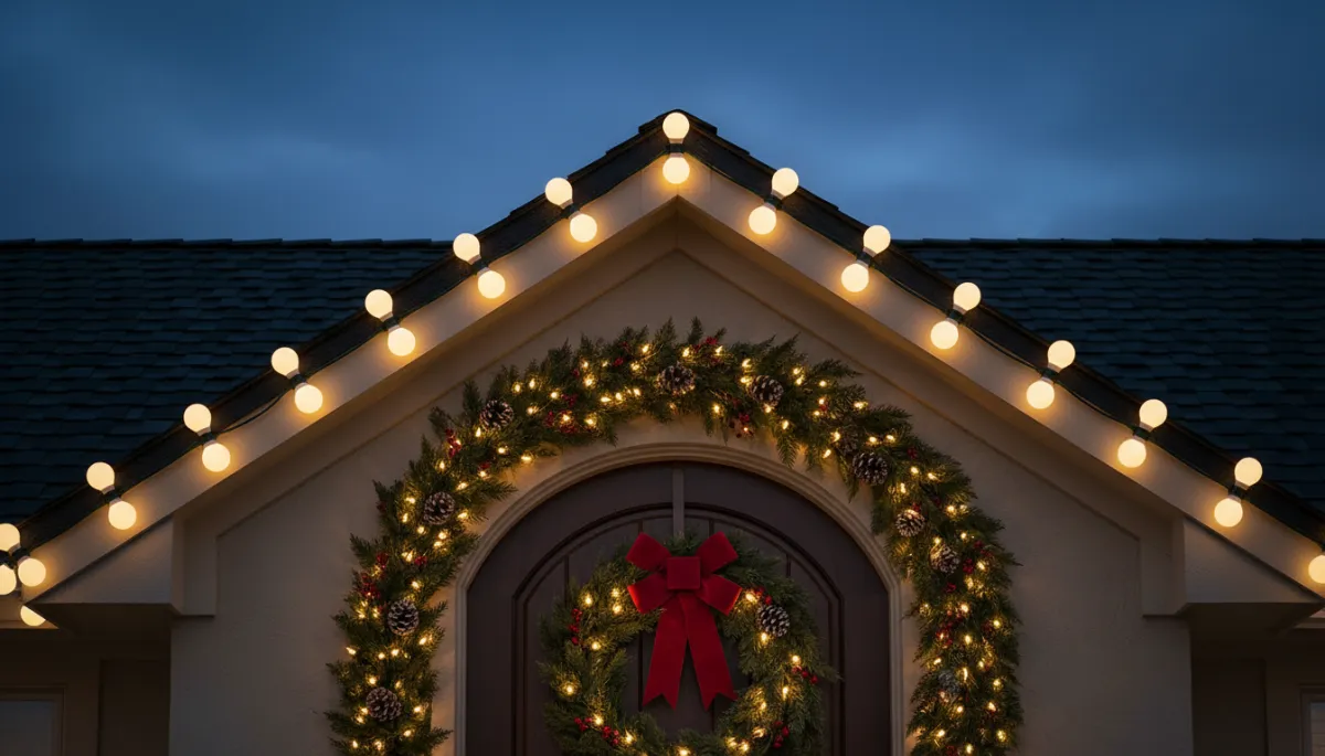 Close-up of roofline and entrance lights on a professionally decorated Athens home