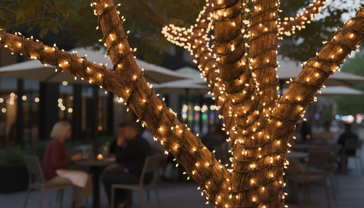 Detail of professionally wrapped tree lighting beside an outdoor dining patio