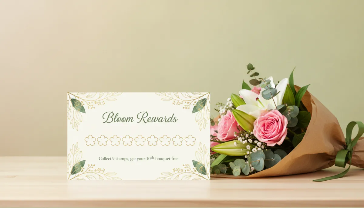 A close-up of a stylish florist loyalty rewards card on a counter next to a wrapped bouquet. The card features elegant floral branding, a 'Bloom Rewards' or similar program name in Playfair Display font, a row of empty circles or flower icons for stamps or punches, and sample customer details or instructions such as 'Collect 9 stamps, get your 10th bouquet free'. The design is simple, chic, and clearly legible, with a touch of gold or green accent.