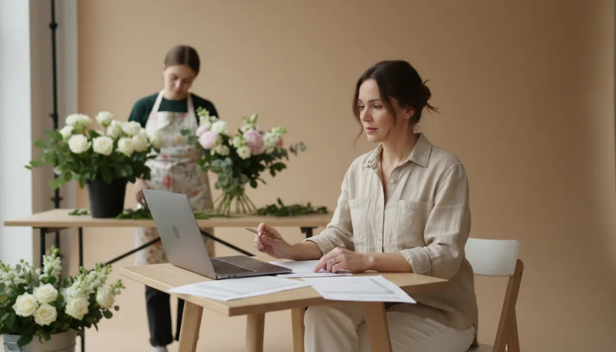 Florist owner reviewing systems while team member arranges flowers in the background Florist owner reviewing systems while team member arranges flowers in the background