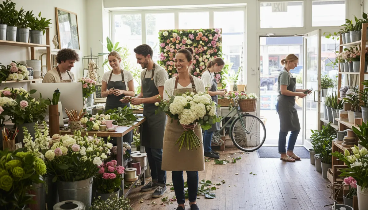 realistic images of florist business owners and the team please.. Context: This is for a blog post about "When Everything Depends on You: Solving Team Challenges in Your Florist Business". Style: Professional quality, photorealistic, high resolution realistic images of florist business owners and the team please.. Context: This is for a blog post about "When Everything Depends on You: Solving Team Challenges in Your Florist Business". Style: Professional quality, photorealistic, high resolution