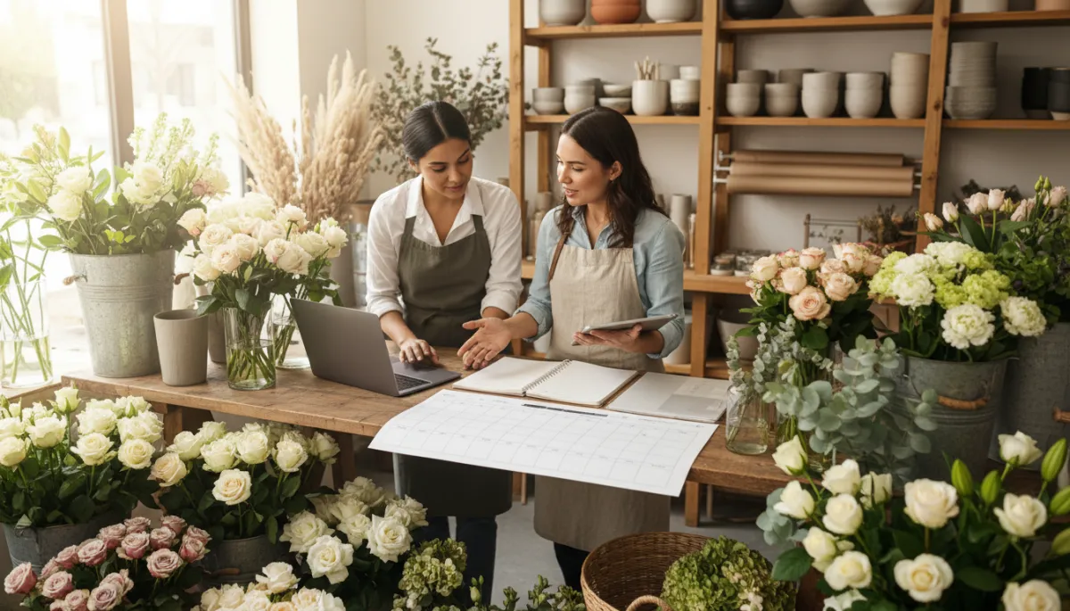 Florist owner and team reviewing structured order schedule in the shop