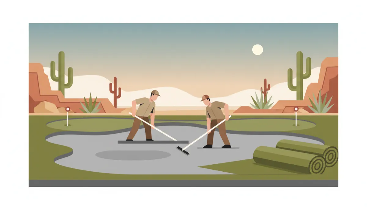 Professional team preparing the base for an artificial turf backyard putting green
