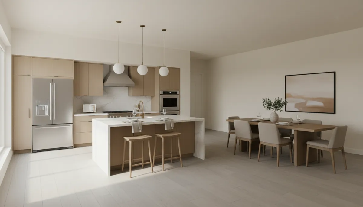 Clean and minimally staged kitchen and dining area ready for buyers