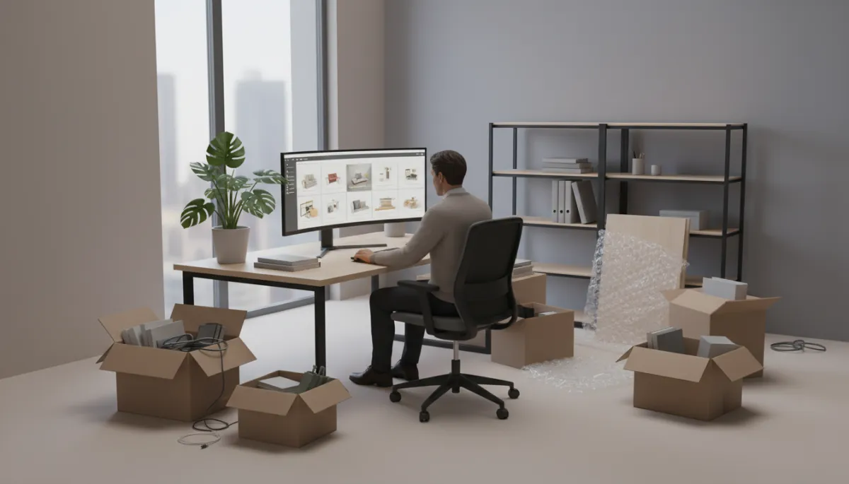 Professional setting up a neutral-toned home office while browsing furniture online Professional setting up a neutral-toned home office while browsing furniture online