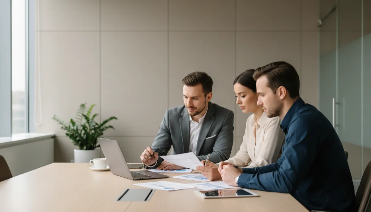 Small group of investors reviewing real estate numbers together Small group of investors reviewing real estate numbers together