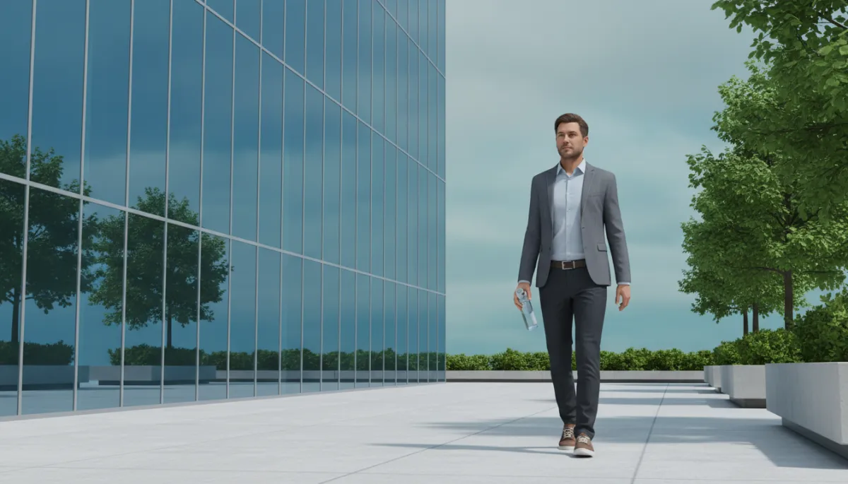 Professional taking a short walking break outside the office to support wellness