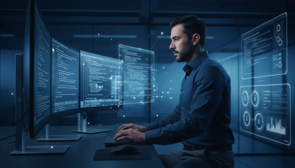 photorealistic professional MarTech tech developer corporate, Hispanic professional coding with AI tools on multiple screens in a modern office, dominant colors #004A98 and #09325F, subtle dashboards and workflow diagrams in background