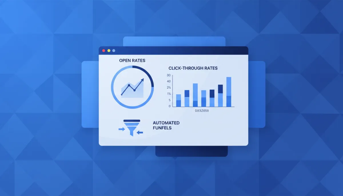 hero ilustración martech profesional 1536x1024, panel de control de email marketing con gráficos de aperturas, clics y embudos automatizados, tonos azul #004A98 y azul profundo #09325F, estilo hero limpio y corporativo