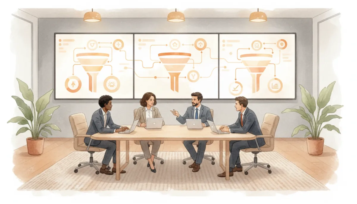 escena profesional de un equipo de marketing analizando un panel de embudos de conversión en pantallas grandes, sala de juntas moderna, colores neutros, estilo profesional