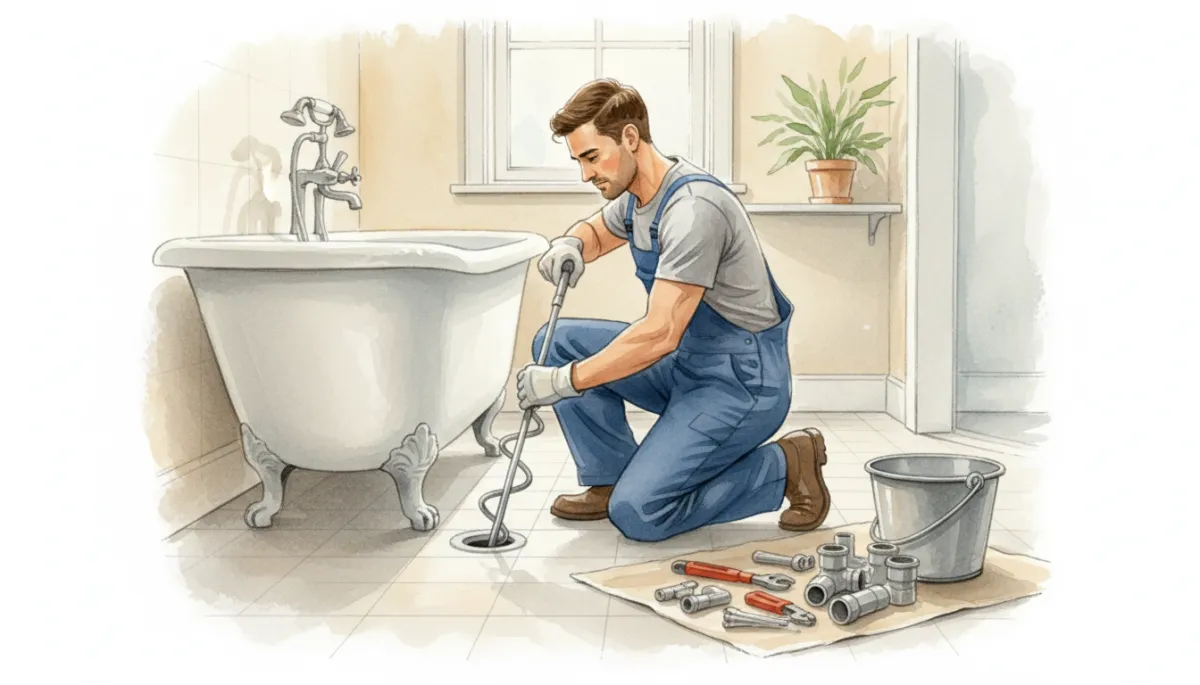 Plumber using a drain auger to clear a residential bathtub clog