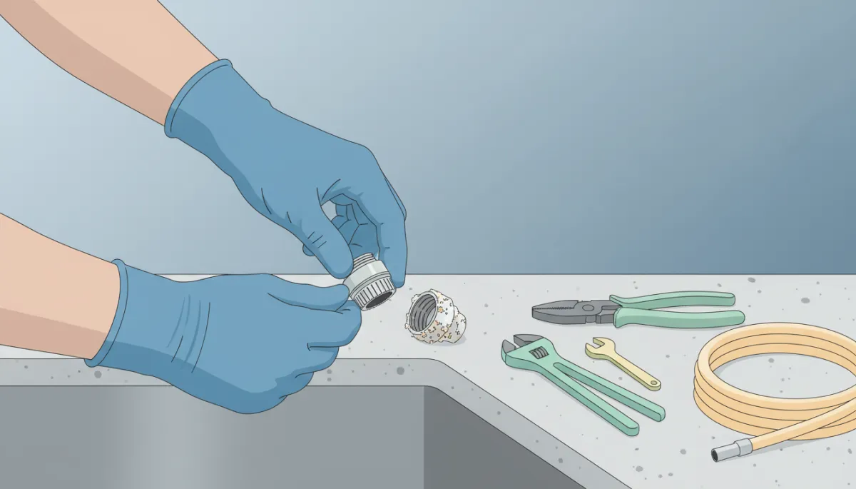 Plumber showing mineral buildup on a faucet aerator