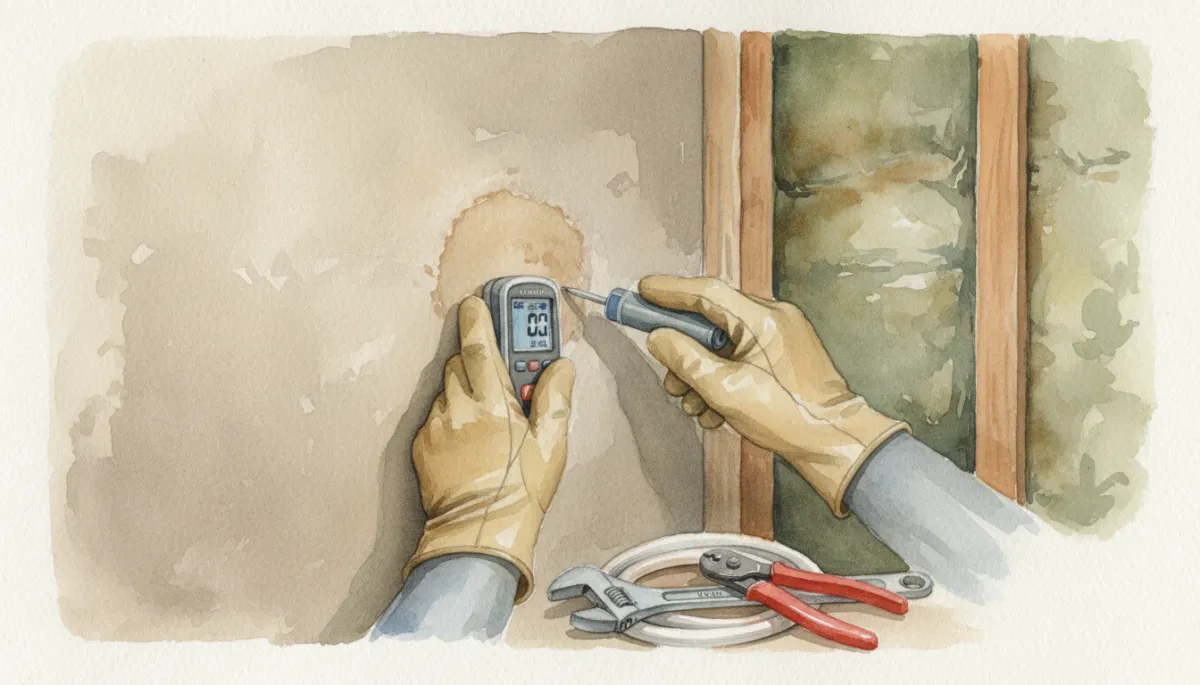 Plumber using a moisture meter to detect a hidden water leak in a wall