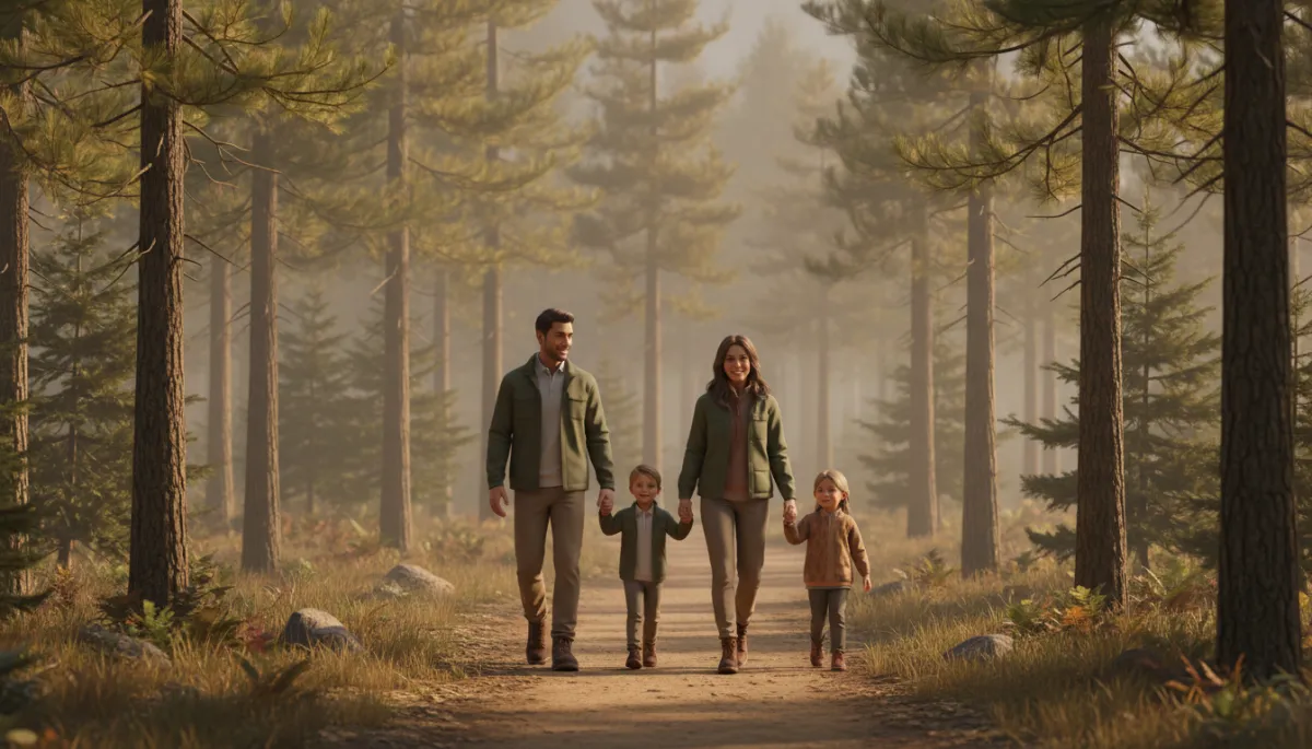 Family with children hiking together on a wooded trail near Grass Valley