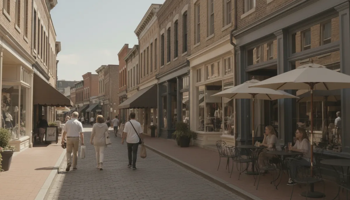 Historic downtown street with shops, cafés, and pedestrians