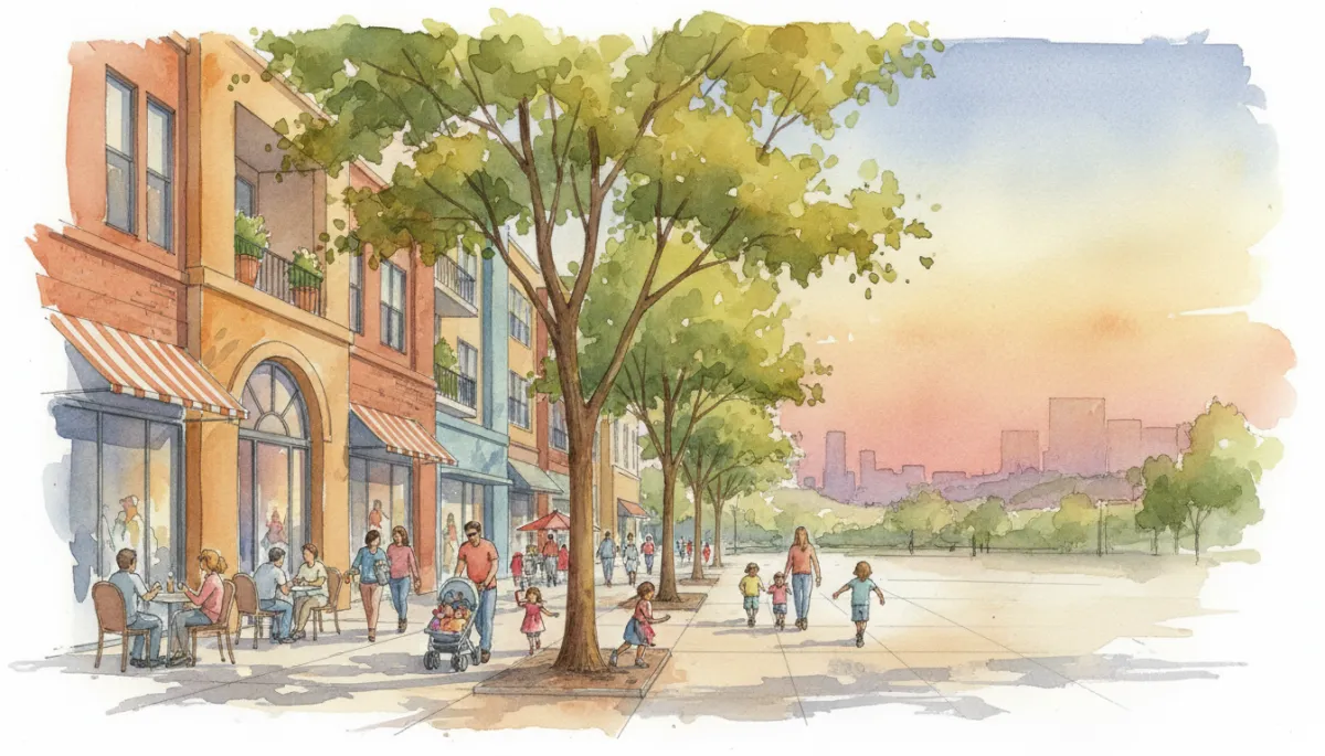 New mixed-use development with apartments, shops, and walkable sidewalks