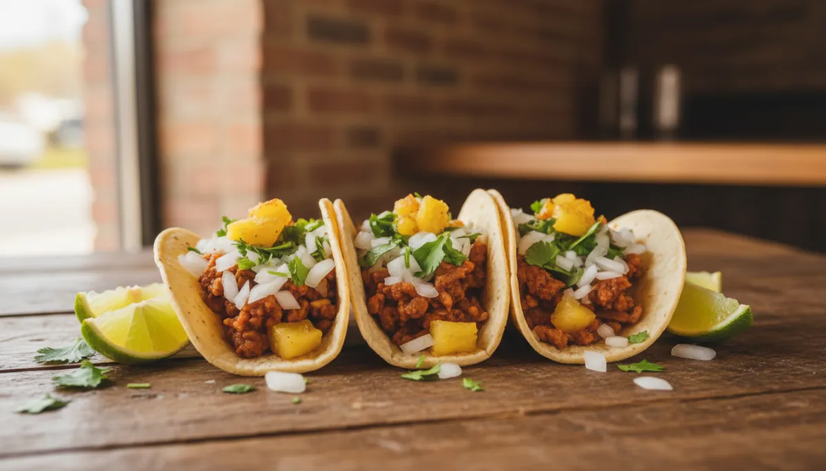 Authentic tacos al pastor served on soft corn tortillas with fresh toppings
