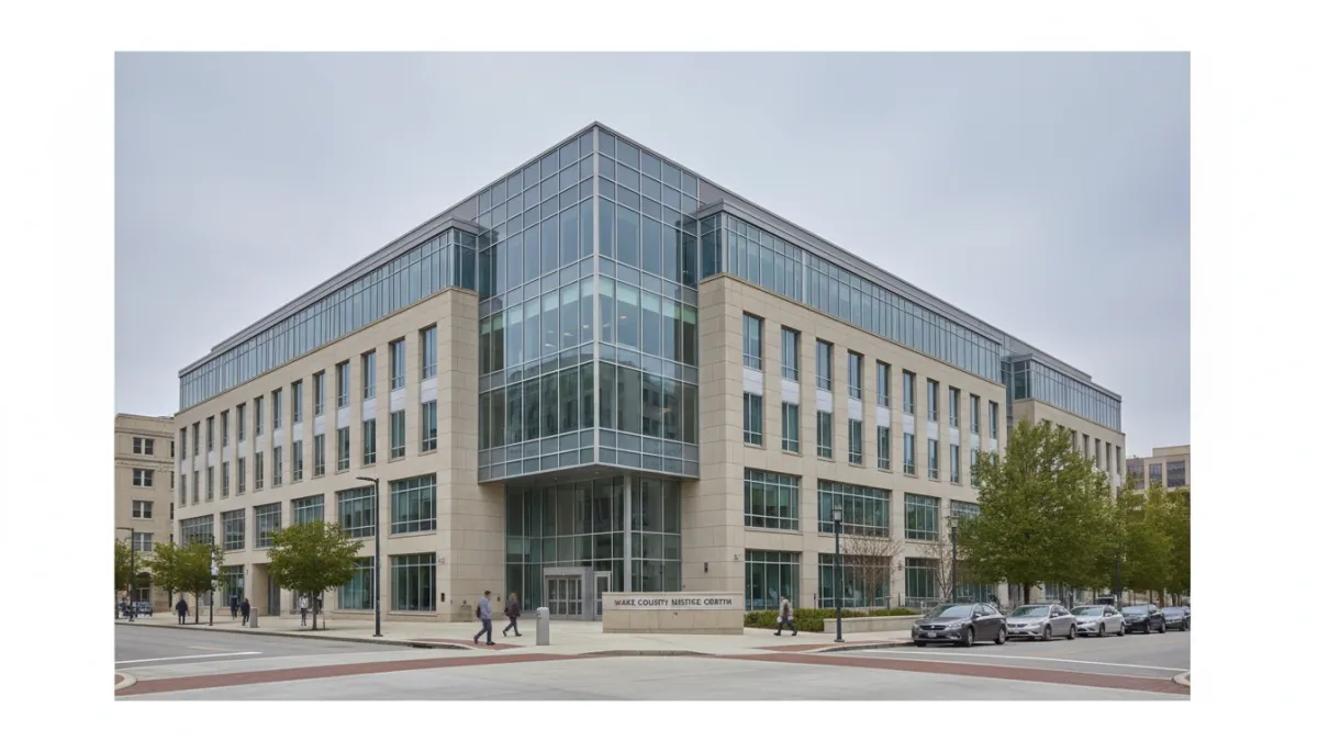 A realistic, high-resolution photo of the Wake County Justice Center exterior in downtown Raleigh, North Carolina, with clear signage and neutral tones. No cartoon or illustration effects.