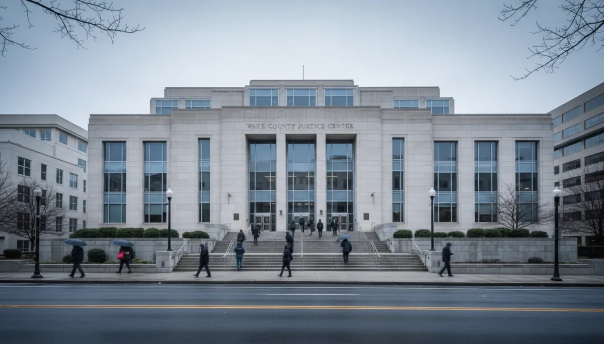 Realistic photo of the Wake County Justice Center exterior in downtown Raleigh on an overcast day, people walking up courthouse steps, muted blue and gray tones
