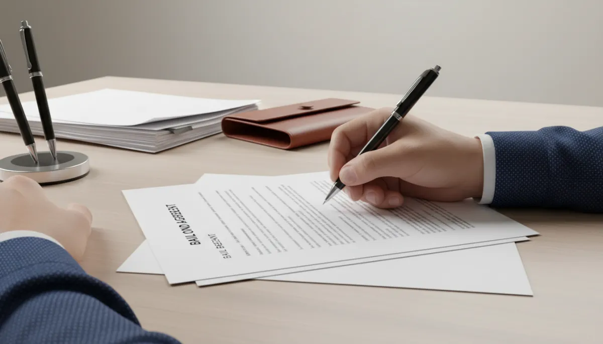 A real, close-up photo of a person signing bail bond documents on a neutral-colored desk, with paperwork and a pen visible