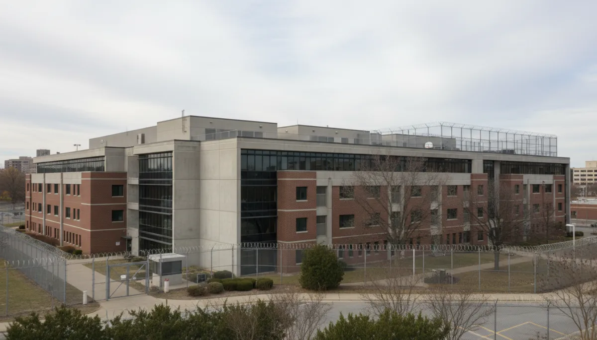 A real, neutral-tone photo of the exterior of Wake County Detention Center or a typical county detention center building