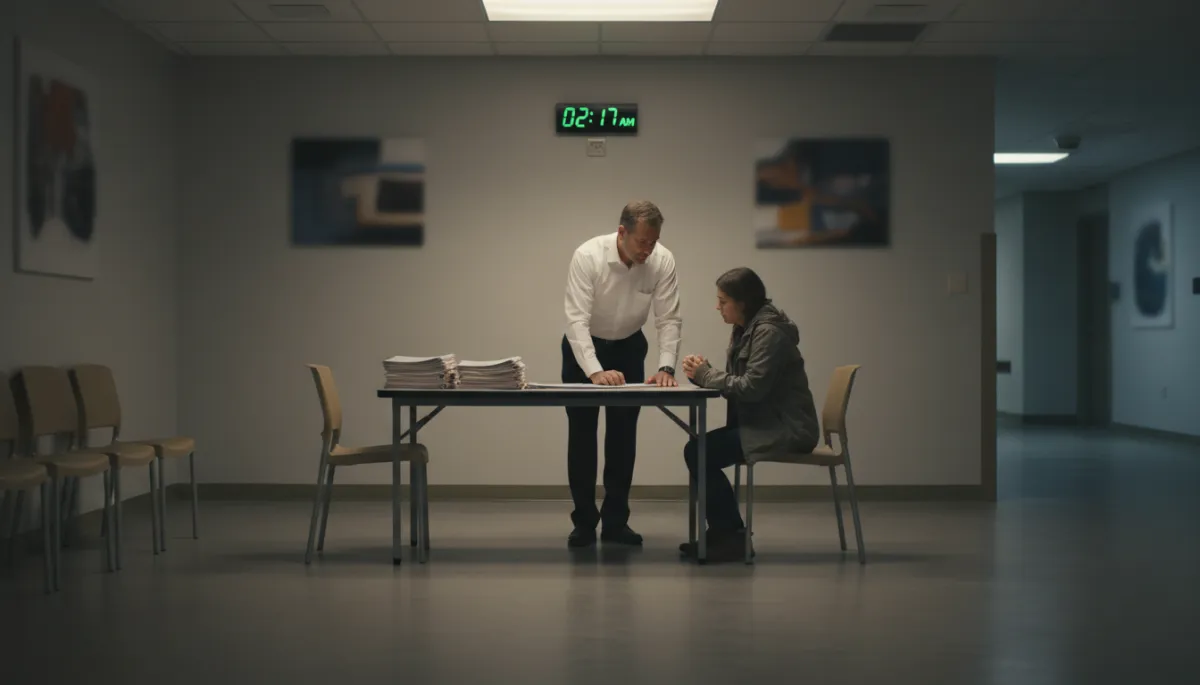 Bail agent reviewing release paperwork with a family in a jail lobby at night