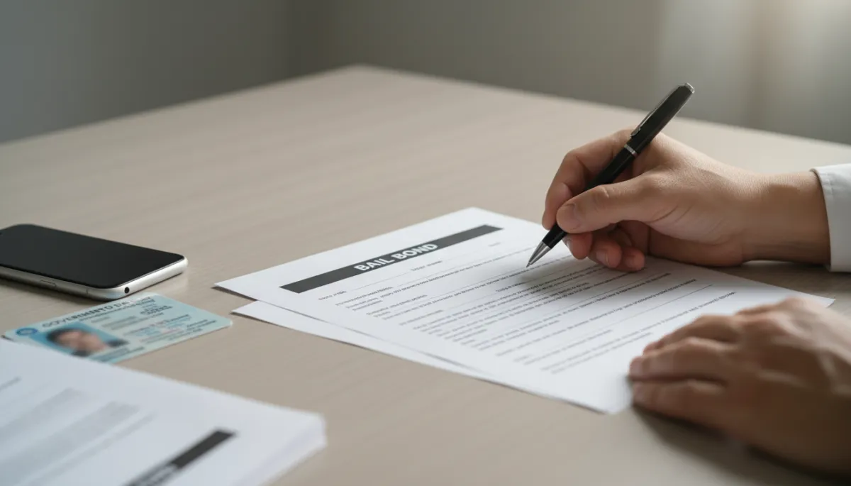 Close-up of person completing bail bond paperwork with ID and phone nearby Close-up of person completing bail bond paperwork with ID and phone nearby