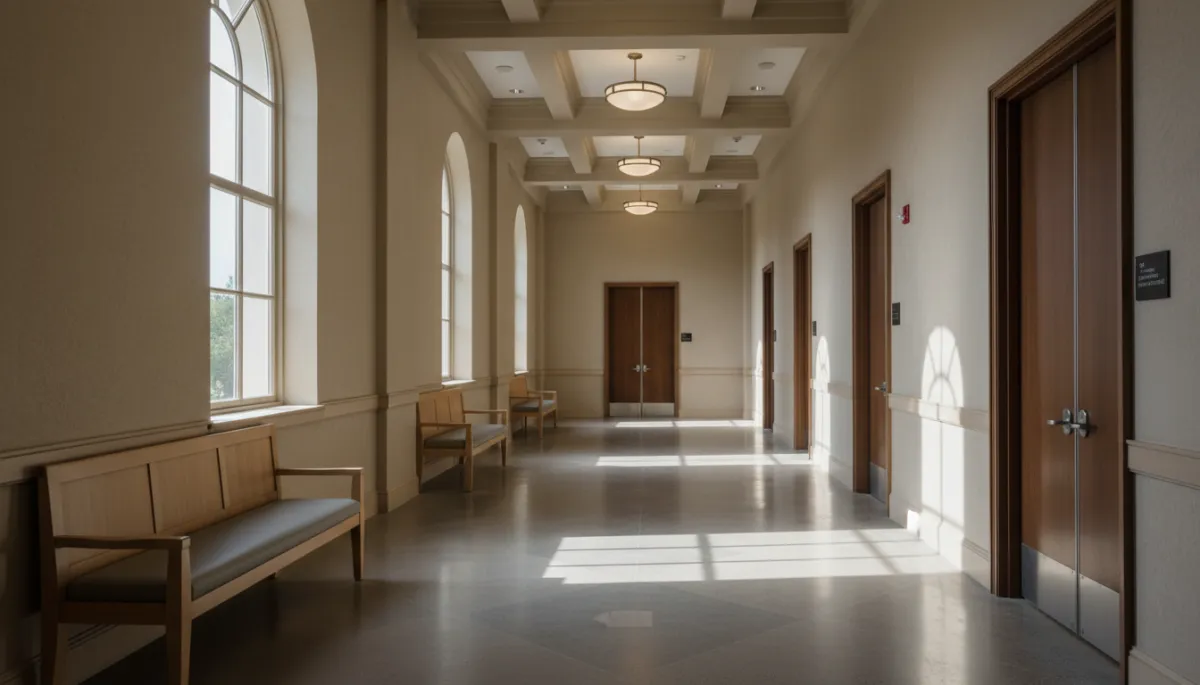 Calm courthouse hallway in Wake County with benches and soft lighting