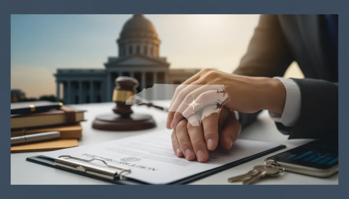 A courthouse in North Carolina with legal documents