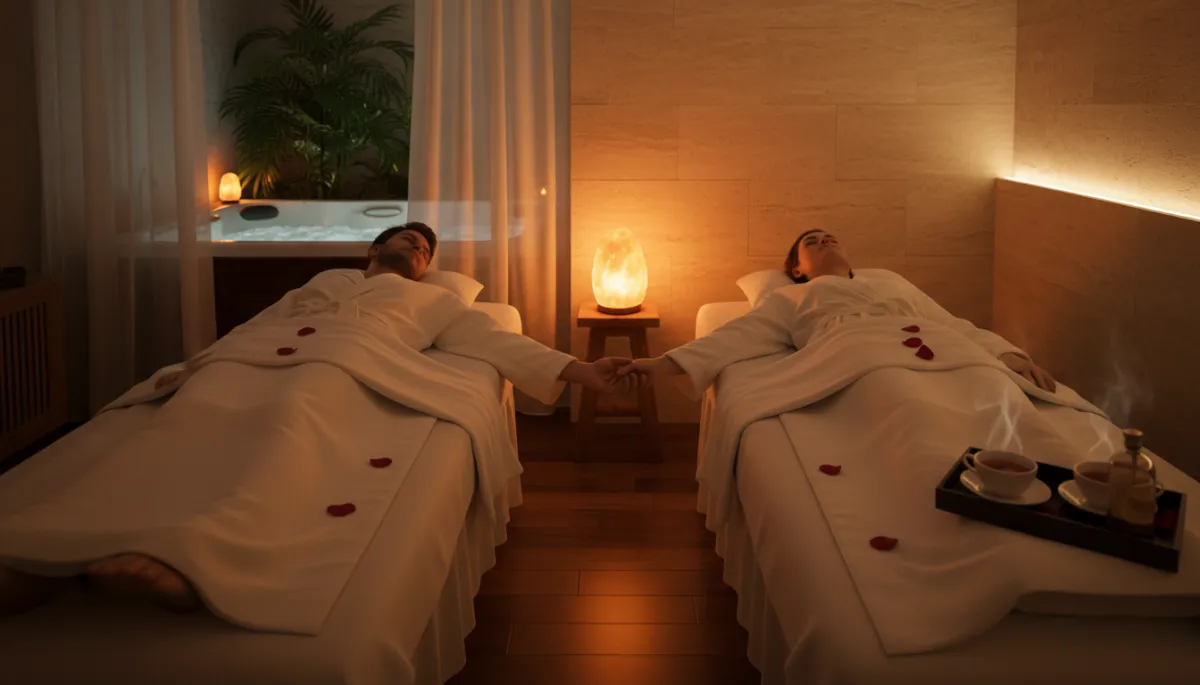 Generate a beautiful, relevant feature/cover image for this blog post about couples massage packages near Apex, NC at Adara Spa. The image should evoke romance, relaxation, and connection — a couples spa setting with soft warm lighting. Do not change the blog post content — only generate and set the feature image. - professional quality, photorealistic