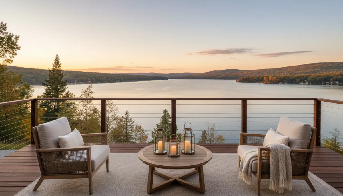 Staged deck of a lake house overlooking calm water