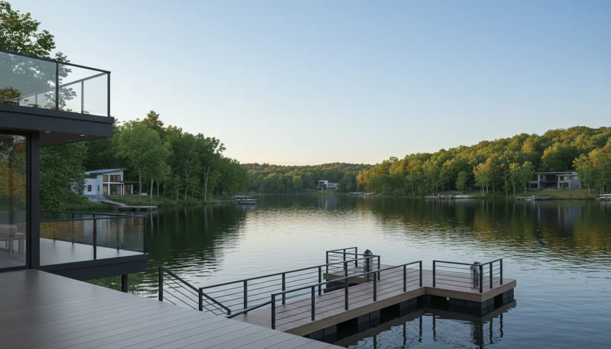 View from a lakefront home deck overlooking Greers Ferry Lake and nearby shoreline View from a lakefront home deck overlooking Greers Ferry Lake and nearby shoreline